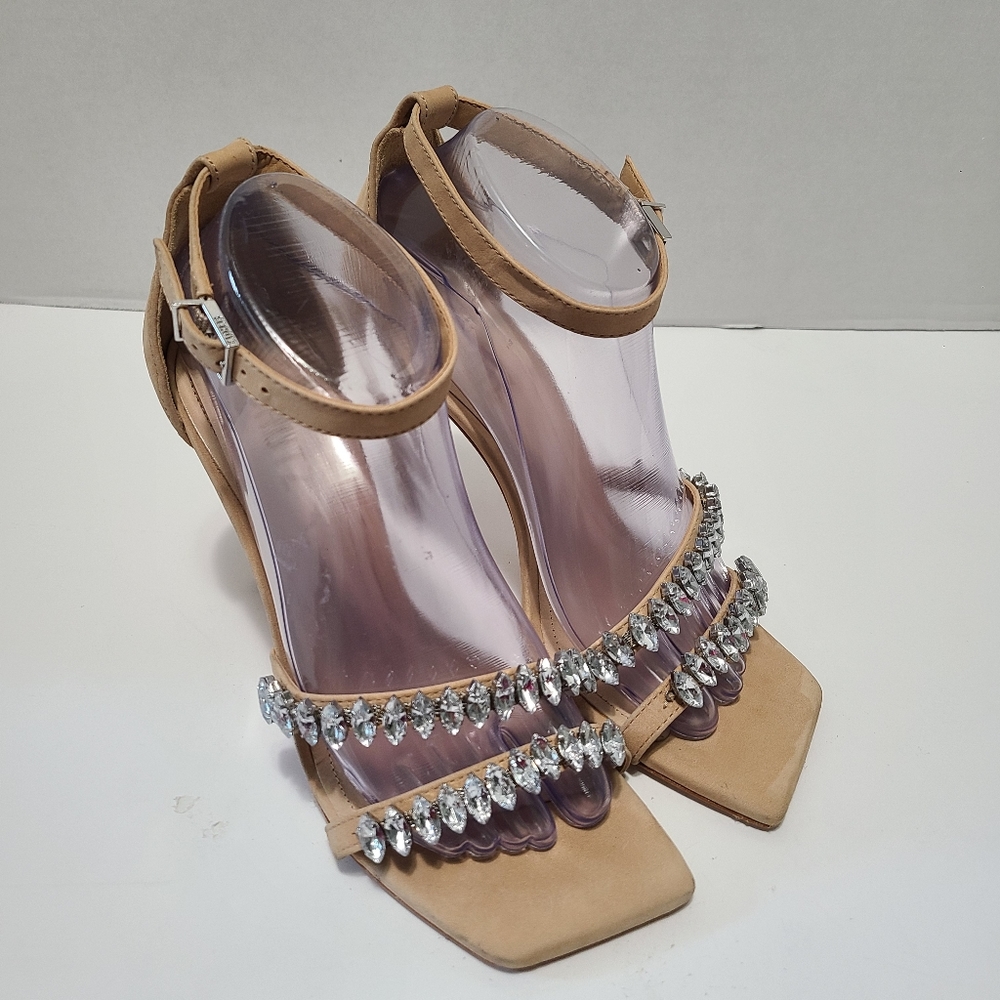 SCHUTZ Nude Tan Crystal Embellished Ankle Strap Heels
